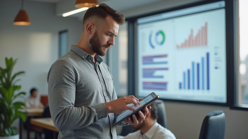 Молодой предприниматель планирует стратегию развития, анализируя данные производительности на планшете