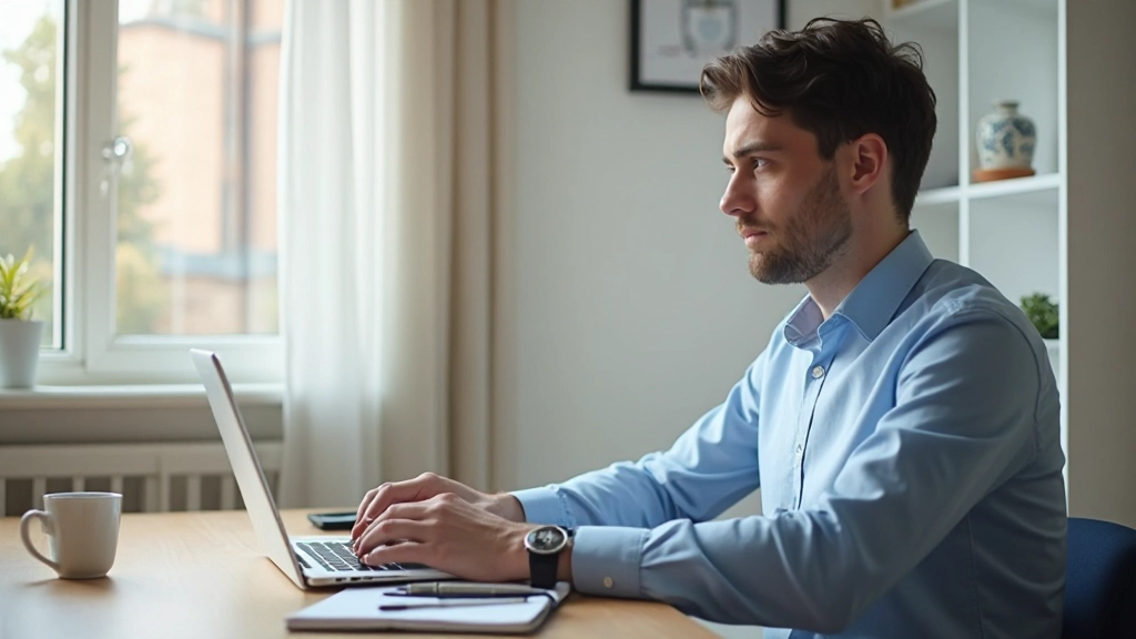 Сосредоточенный профессионал работает с ноутбуком в утренние часы в современном офисе