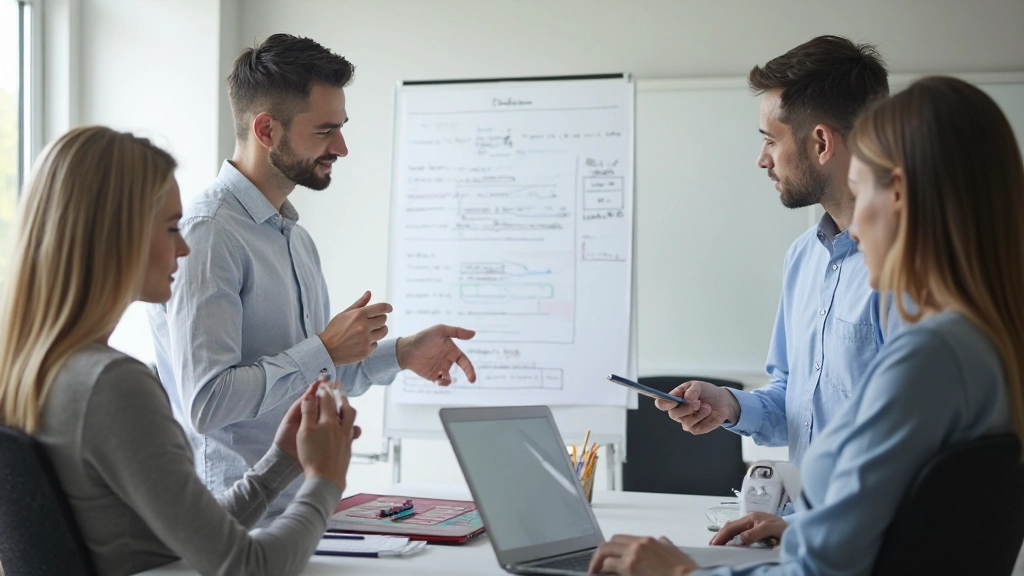 Профессиональная фотография команды, анализирующей бизнес-процессы на доске и ноутбуке