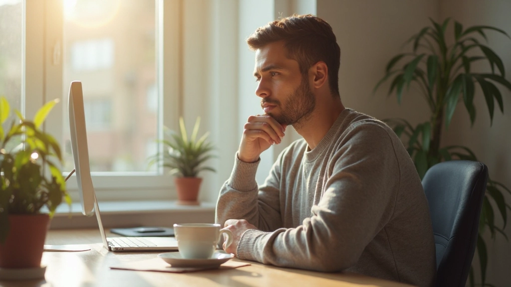 Человек за рабочим столом, размышляющий о дневных делах, мягкое утреннее освещение, спокойная домашняя обстановка