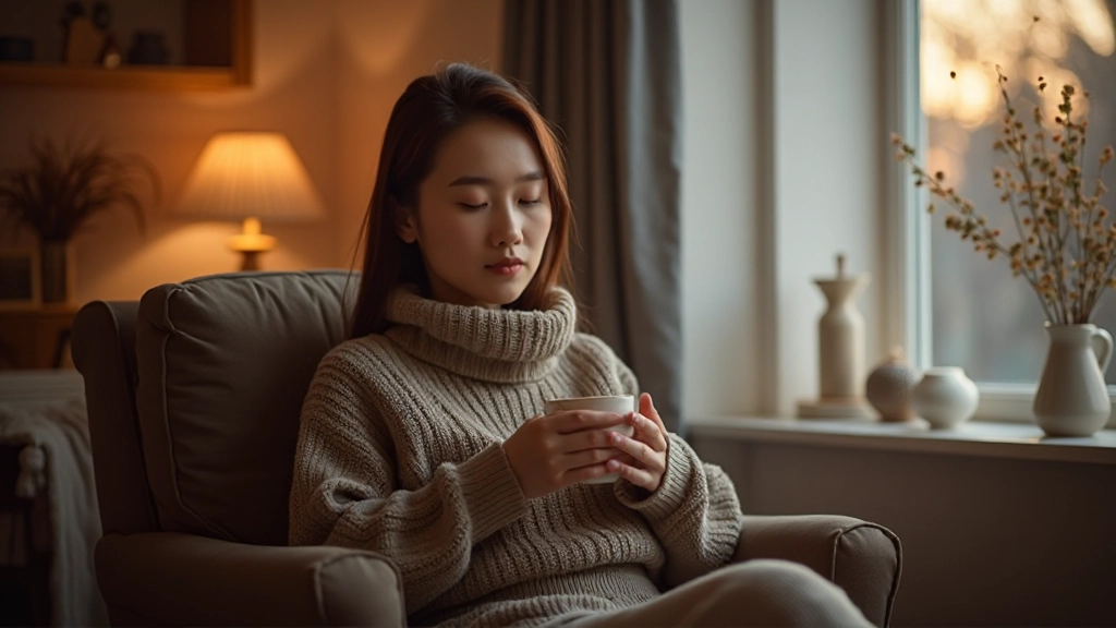 Человек расслабляется вечером с чашкой чая, теплое домашнее освещение, спокойная атмосфера перед сном