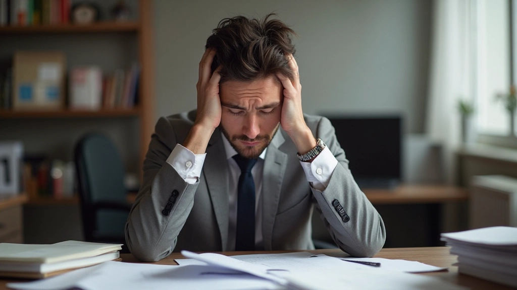 Человек в стрессе сидит за столом с множеством документов и задач